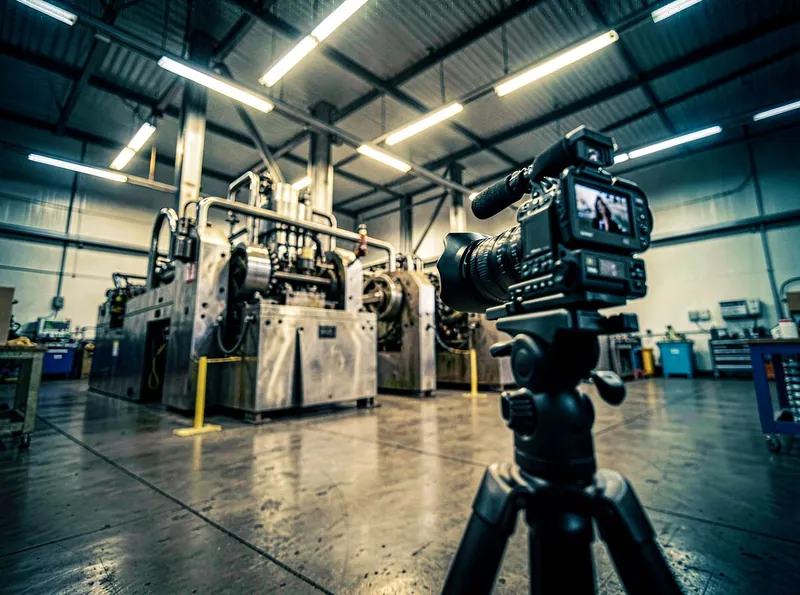A cinema camera on a tripod positioned on an industrial shop floor, with heavy machinery visible in the background under overhead lighting