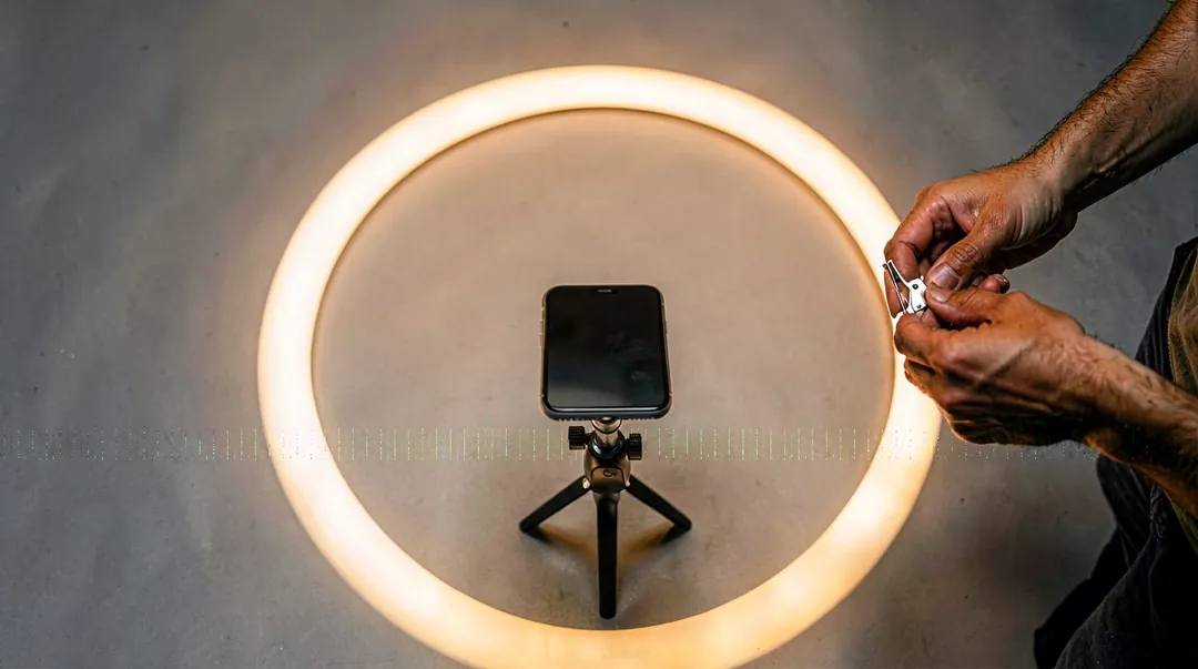 Studio lighting rig and tripod set up for a short-form video shoot at Webcomp Digitex