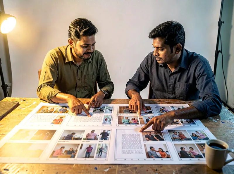 Two people reviewing printed storyboard sheets on a studio table in Pimpri-Chinchwad