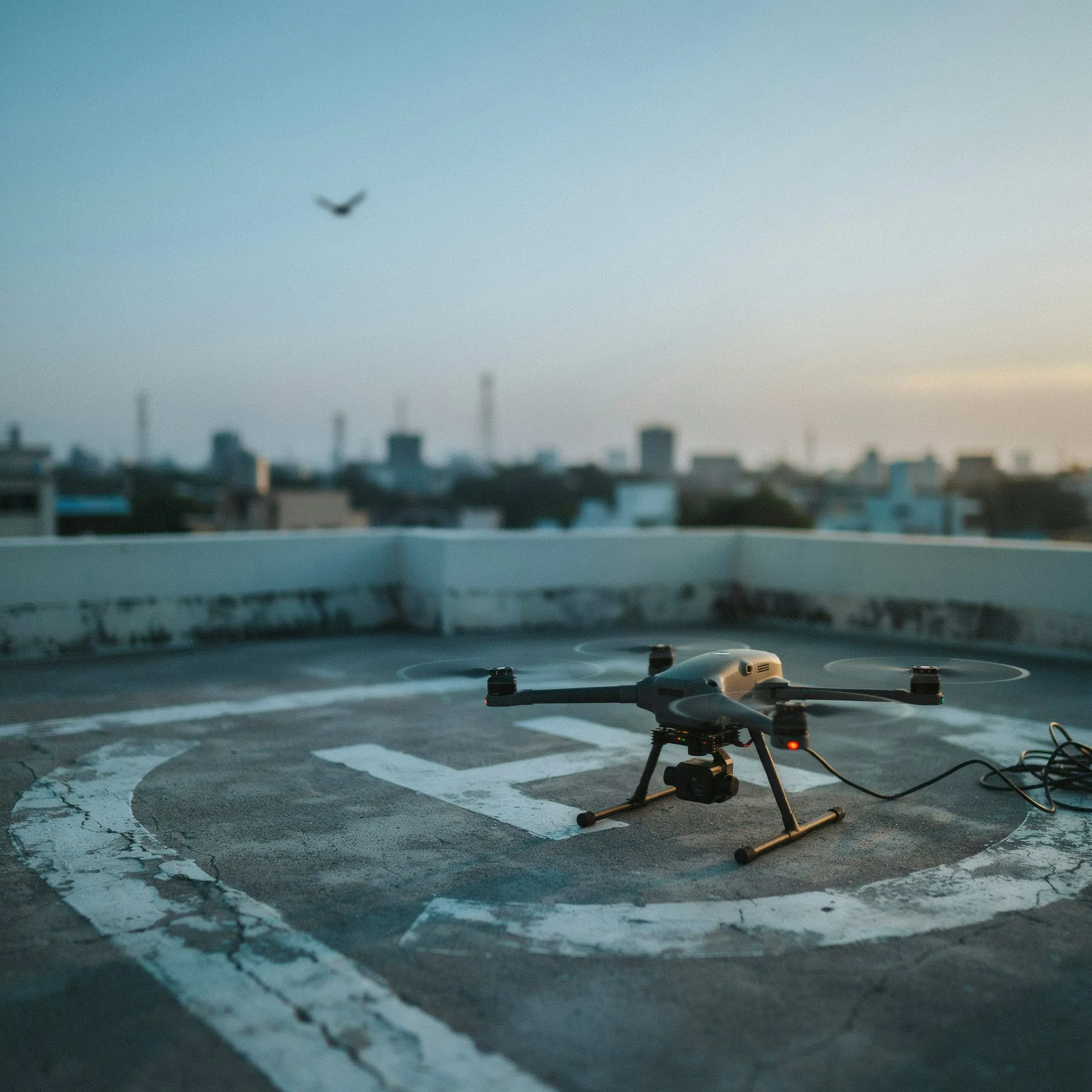 A professional drone on a rooftop before an aerial shoot, Pune skyline in the background