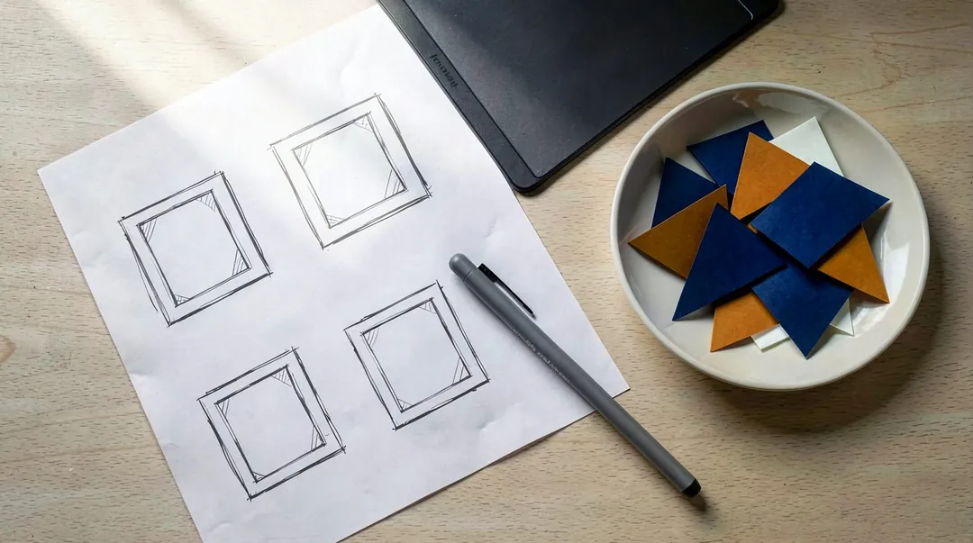 Storyboard sketches and geometric shapes on a studio worktable at Webcomp Digitex