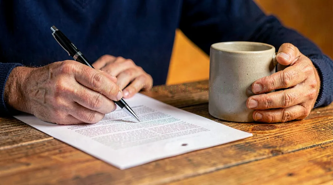Hands at a table with a printed document and coffee mug, suggesting a pre-production planning conversation